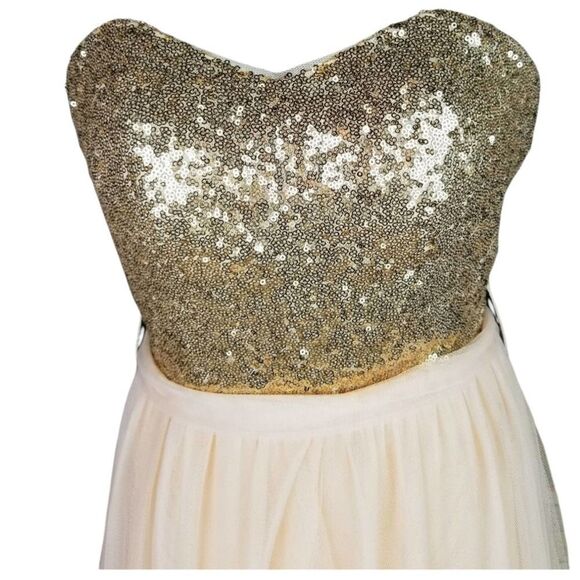 Christina Wu Prom Gown Gold Sequin Sweetheart Bodice Champagne Maxi Dress - Picture 5 of 8